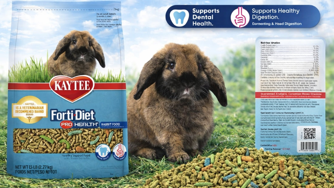 Forti Diet Pro rabbit food bag with adult rabbit, showing nutrition benefits and pellet formula