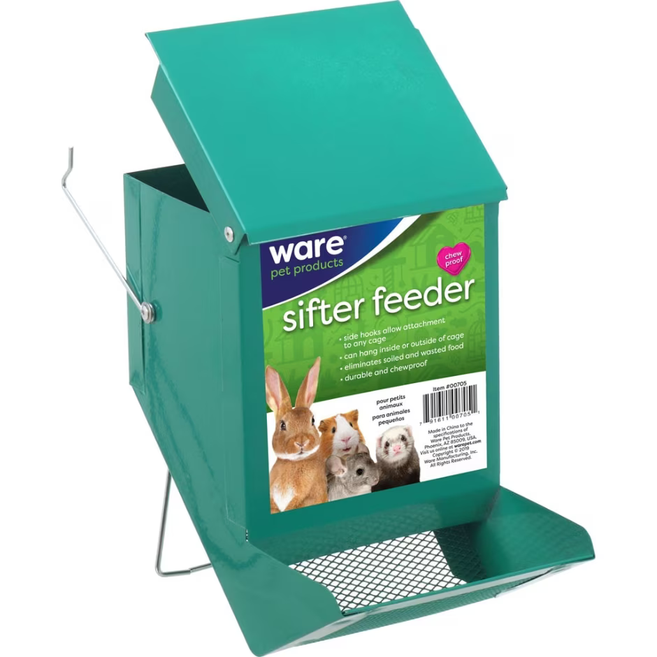 Sifter Feeder with Lid hanging in a pet cage